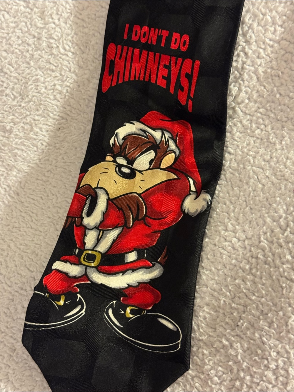 Vintage Men's Black Novelty Necktie with Red Taz Santa Graphic